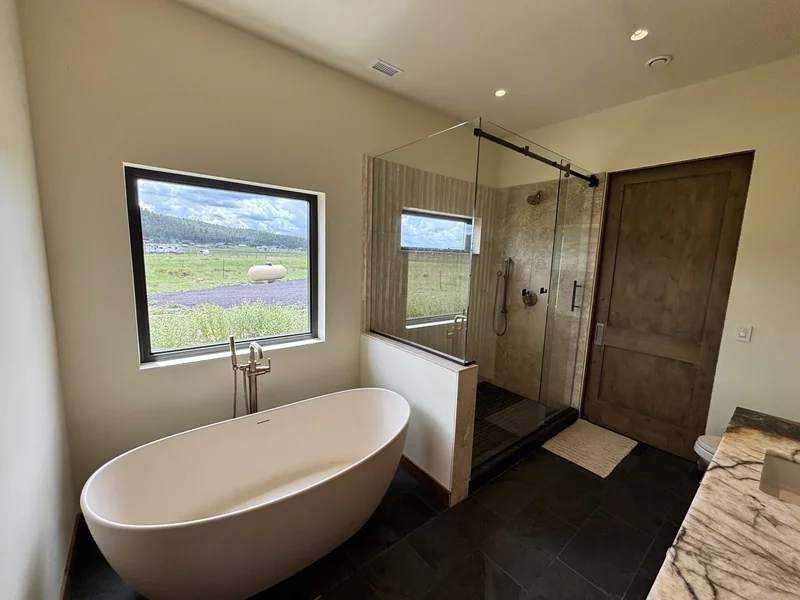Primary bathroom freestanding tub and glass walk-in shower