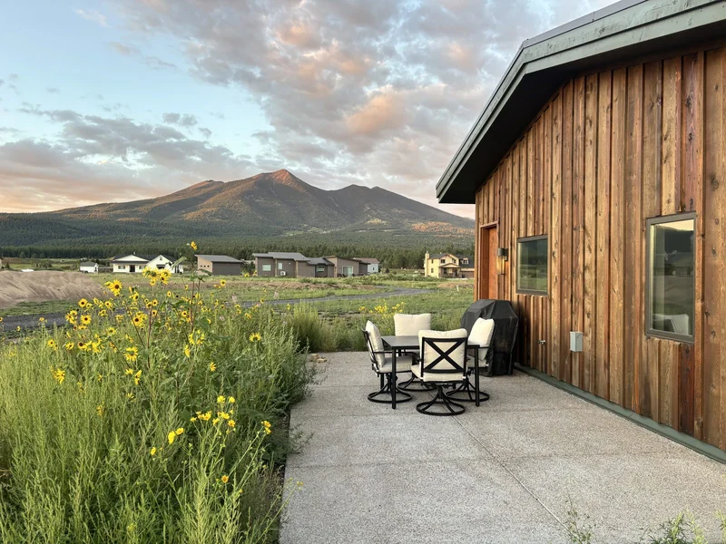 Large patio area at sunset with mountain views